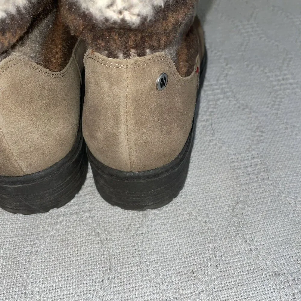 Minnetonka Women’s Fabric Top Booties Size 9 M Brown Leather Grip Sole Comfort